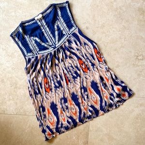 Anthro Meadow Rue Blue Tan Geo-Stitched Tank M